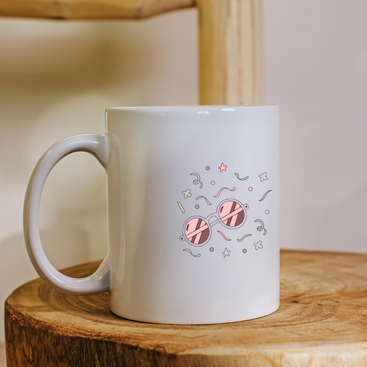 Image kawaii lunettes rondes sur mug, parfait pour cadeau personnalisé.