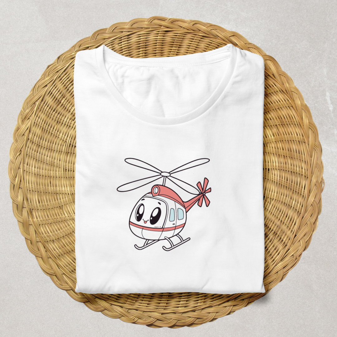T-shirt avec un hélicoptère kawaii coloré sur fond aérien doux et ludique