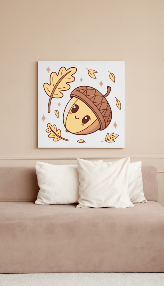 Cadre forestier avec un gland souriant style kawaii automnal