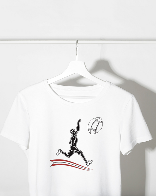 T-shirt sportif avec joueur de basket bondissant, design dynamique et moderne