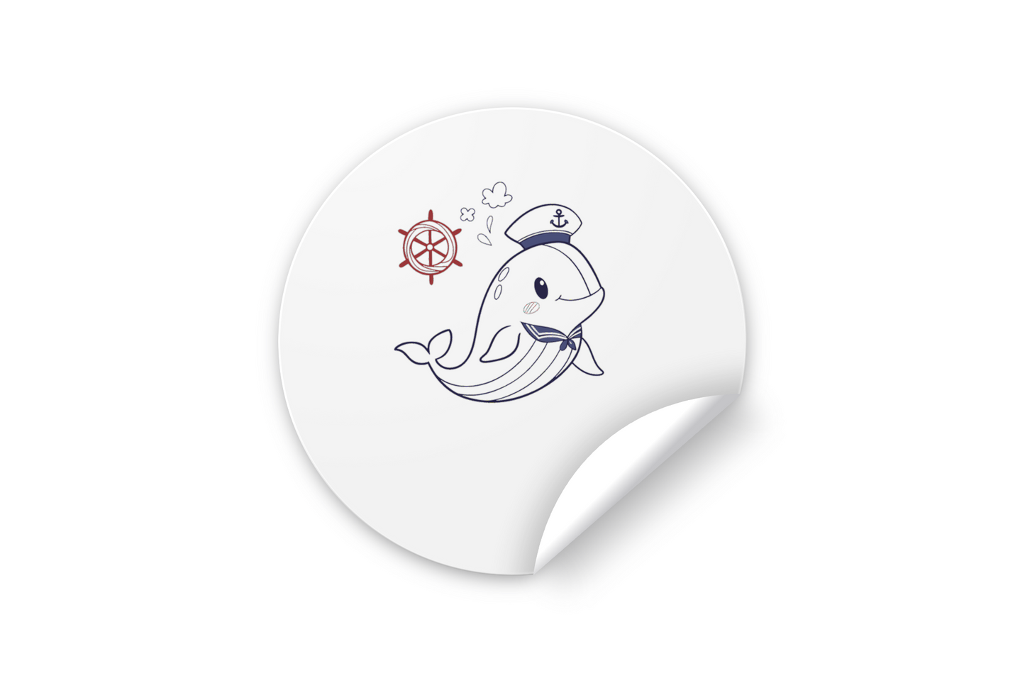 Sticker nautique avec baleine capitaine souriante en style doodle