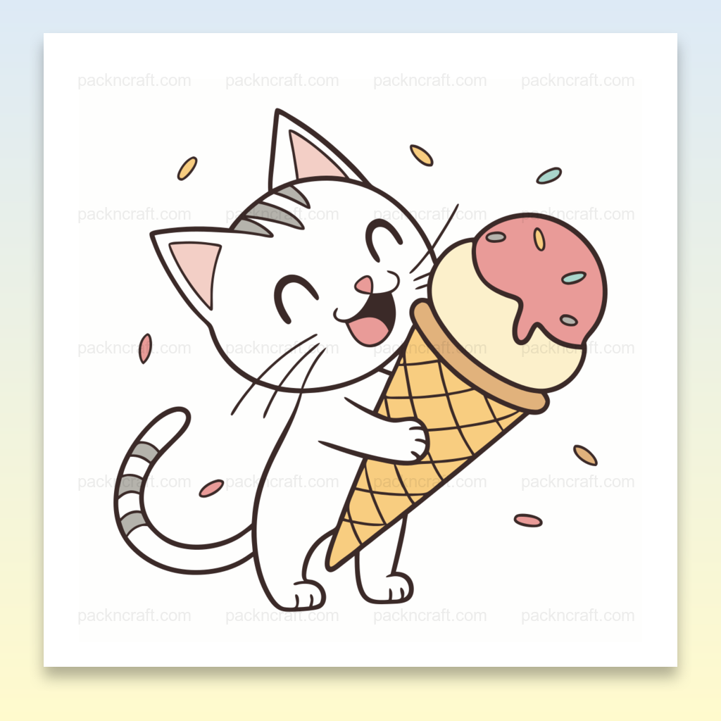 Illustration kawaii de chat dégustant une glace, idéale pour stickers et papeterie.