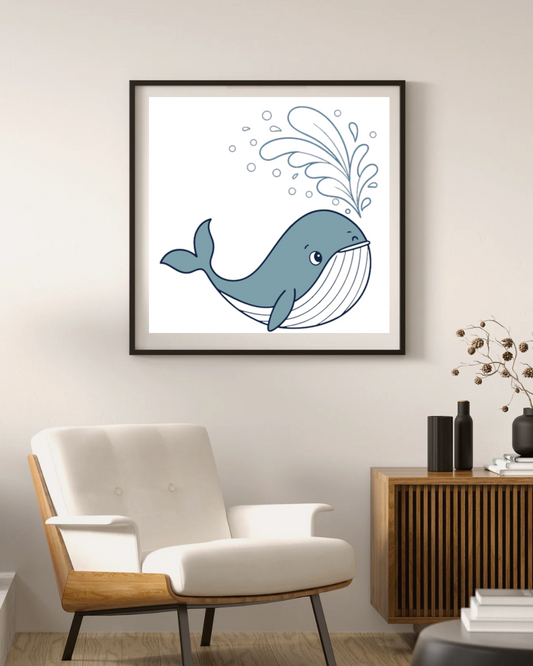 Cadre affichant une baleine ludique arrosant, dans un style graphique marin, décoration murale originale