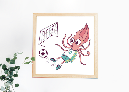 Cadre avec calamar joueur de foot en style cartoon sur le thème du sport