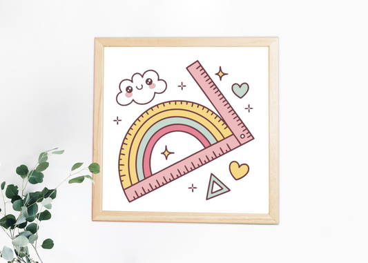 Cadre avec illustration d'arc-en-ciel joyeux, couleurs pastel, idéal pour école créative