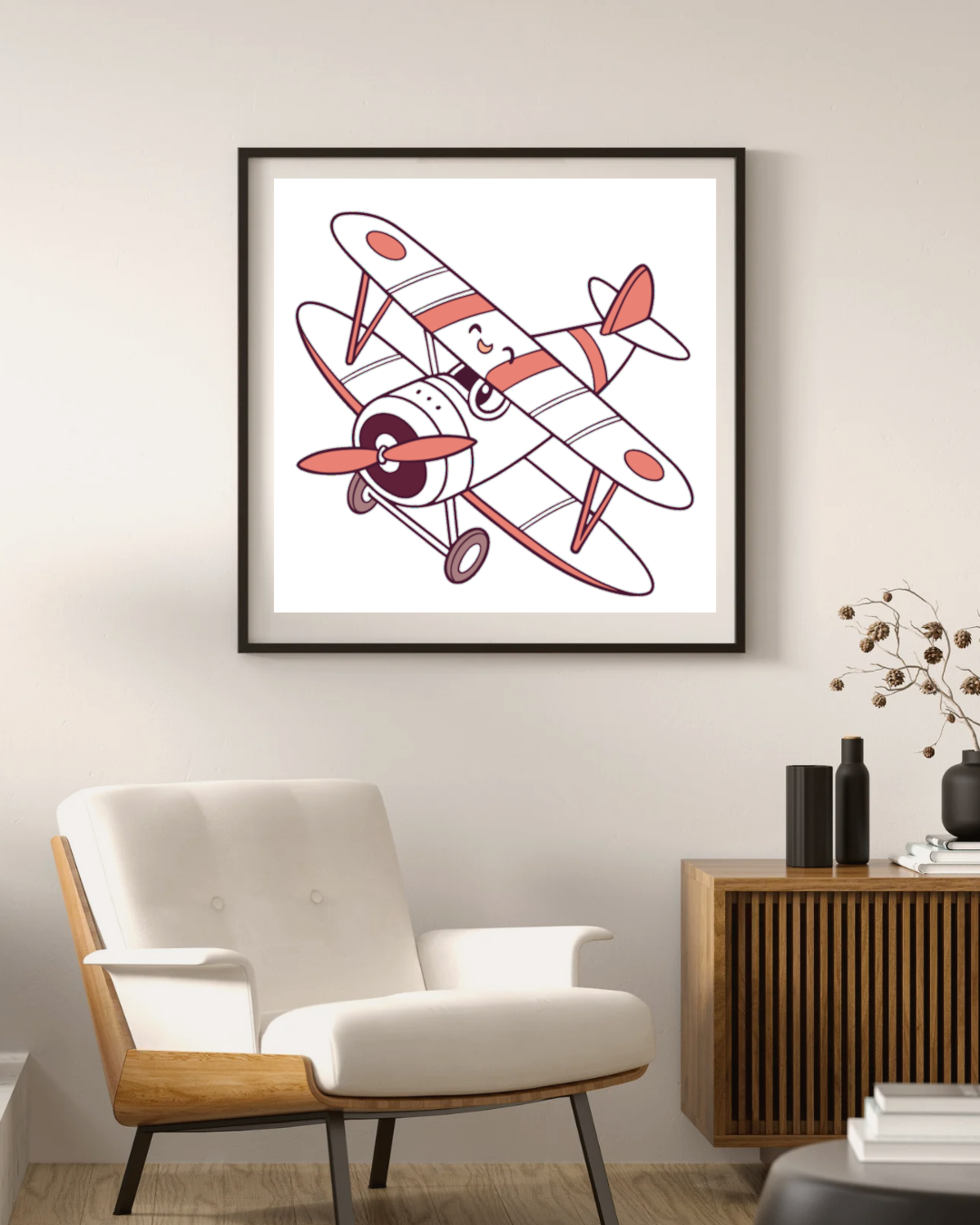 Cadre avec avion joyeux et iconique en vol pour une aventure aérienne joviale