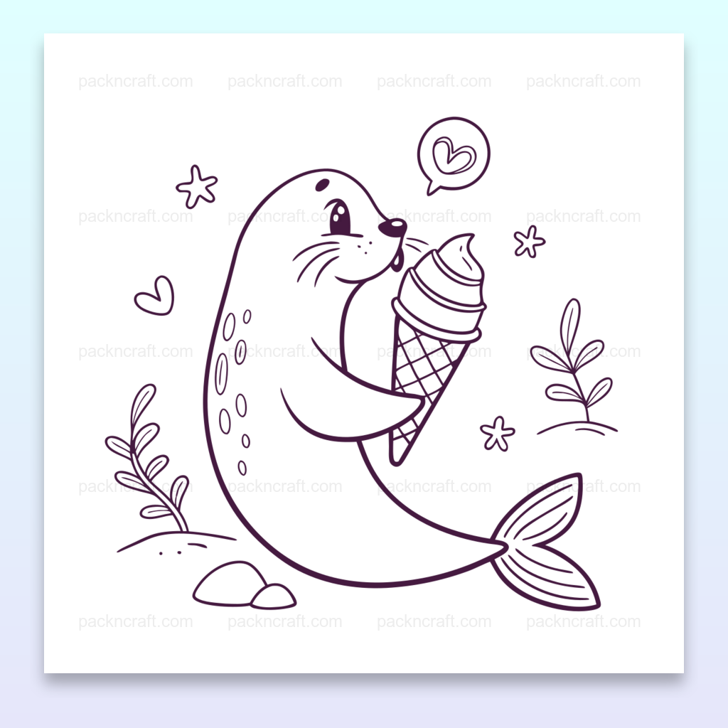 Illustration kawaii d'un phoque avec cornet de glace, parfait pour DIY.