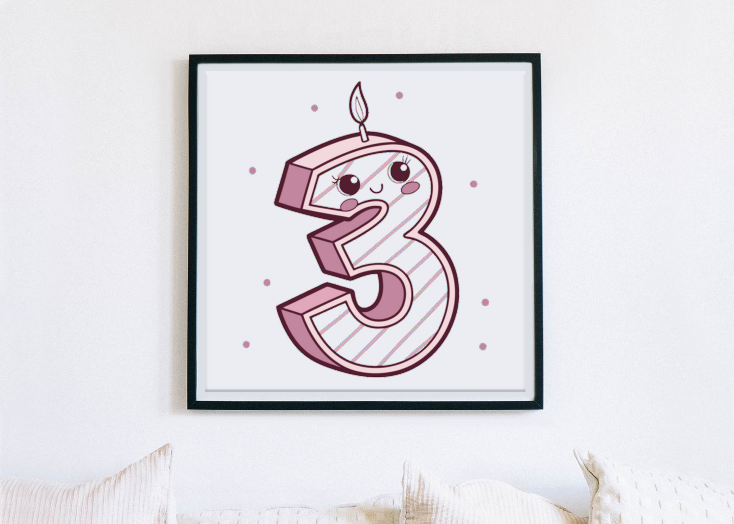 Affiche encadrée bougie kawaii, touche mignonne pour décoration intérieure.