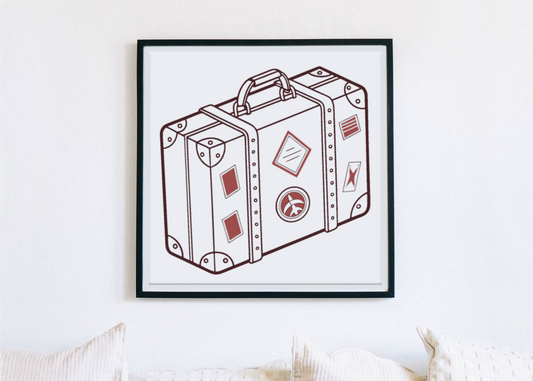 Cadre décoratif avec valise vintage voyage sur fond minimaliste