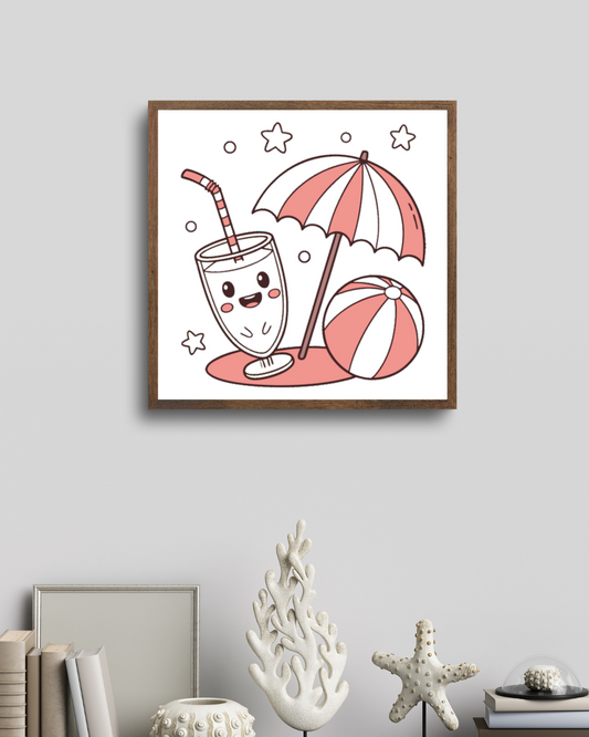 Cadre vivant aux tons éclatants mettant en scène un smoothie kawaii sous parasol