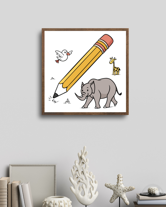 Cadre décoratif avec dessin amusant de crayon géant entouré d'animaux exotiques