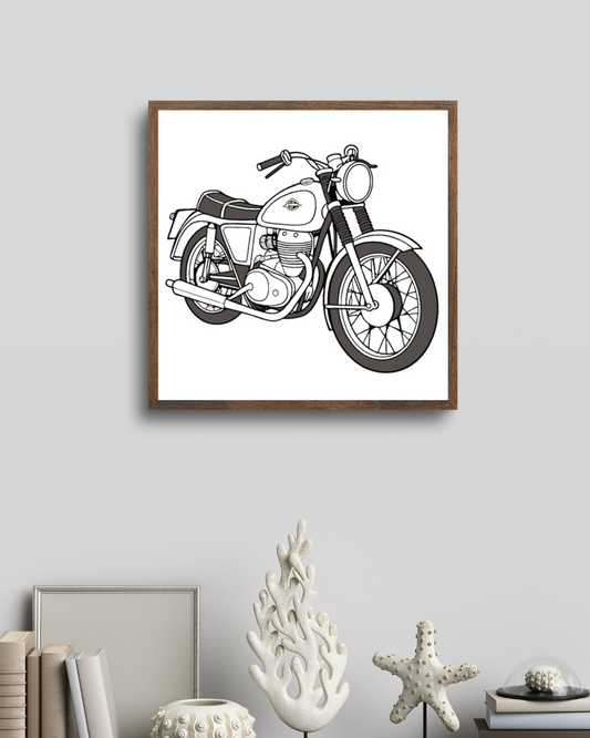 Cadre vintage avec une moto Royal Enfield Interceptor, design rétro.