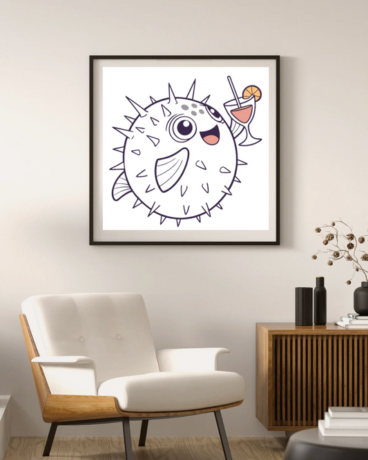 Cadre avec doodle festif de poisson-globe, ambiance océanique amusante