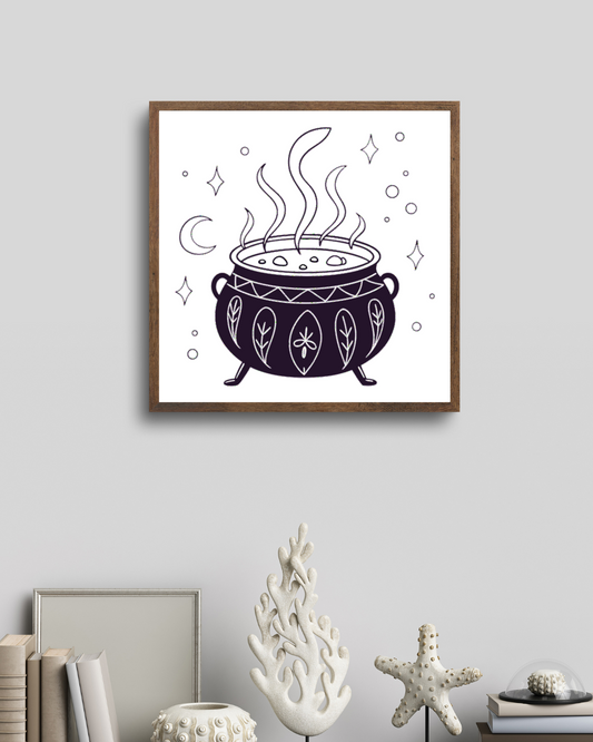 Cadre avec chaudron magique et style sorcellerie mystique