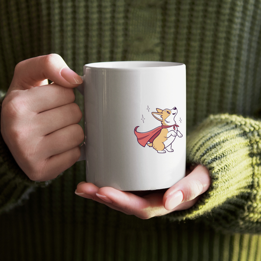 Mug avec un corgi en pose héroïque style numérique amusant et coloré