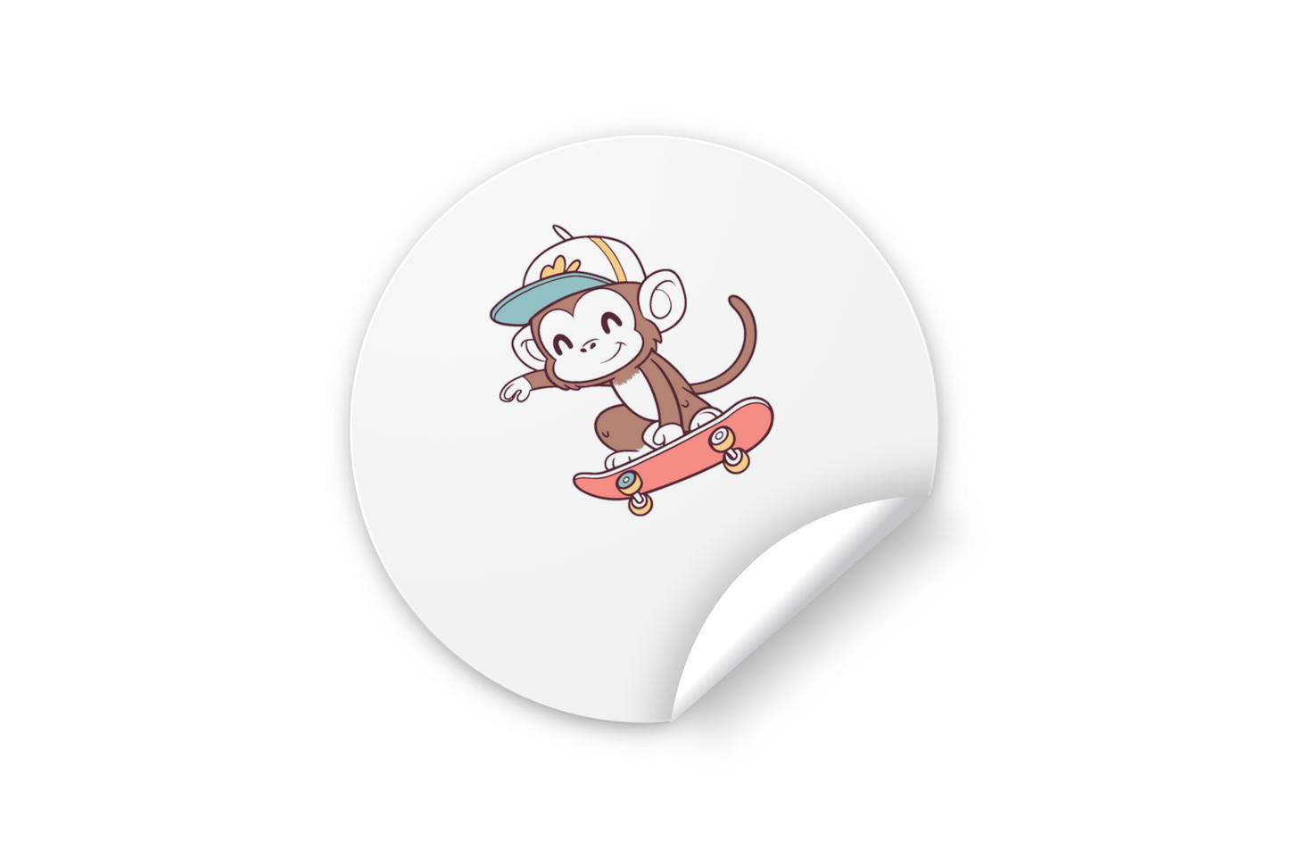 Sticker urbain vif montrant un singe skateur enjoué style cartoon, idéal pour skateboards