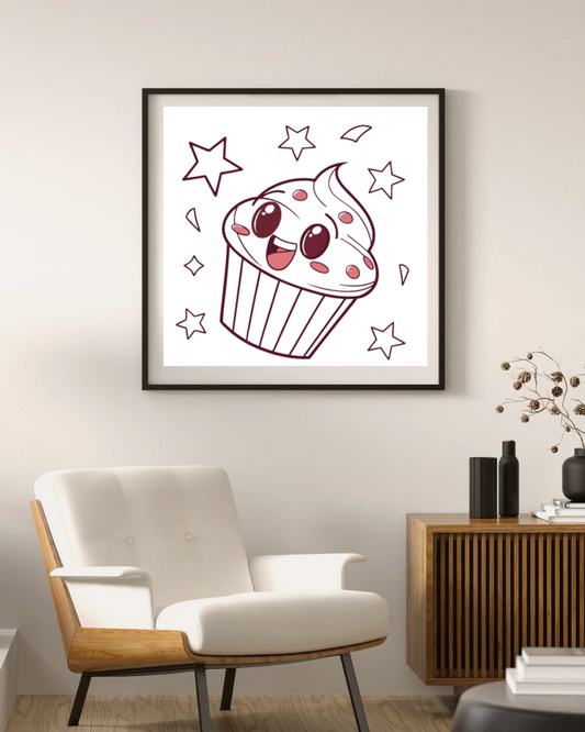 Cadre décoratif avec un cupcake joyeux au style kawaii et ambiance festive