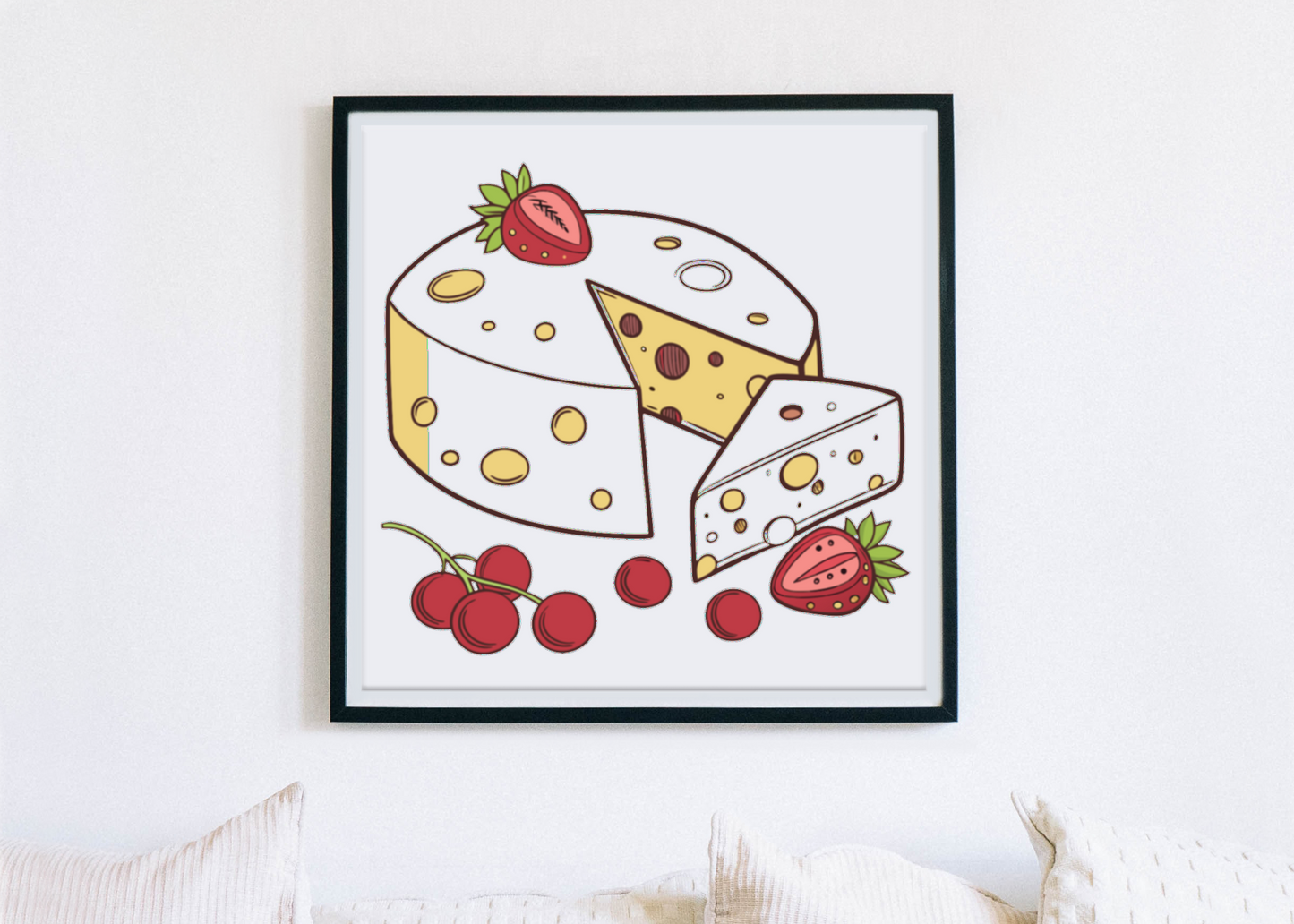 Cadre avec illustration cartoon de fromage et fruits énergique et colorée