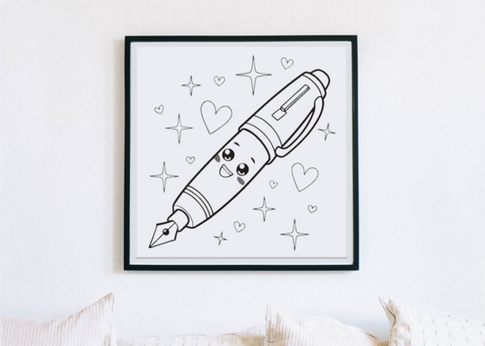 Cadre moderne avec icône numérique minimaliste de stylo affichant un sourire éclatant