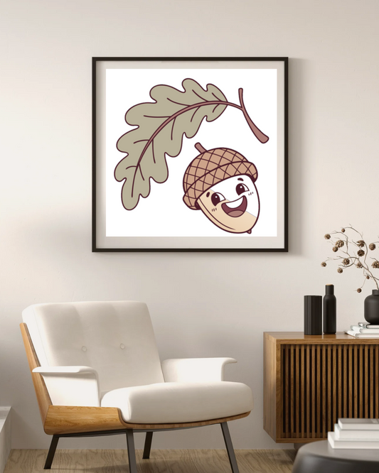 Cadre moderne avec un gland souriant animé parfait pour un décor automnal chaleureux