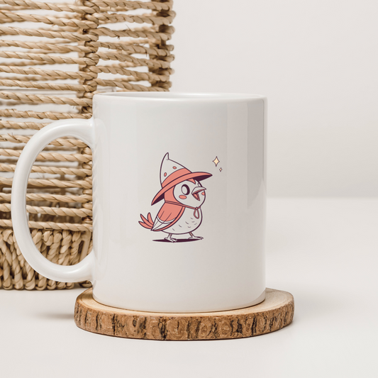 Mug avec design d'Halloween montrant un oiseau ensorcelé en style numérique