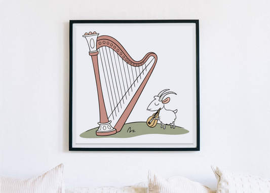 Cadre élégant avec une chèvre adorable jouant de la harpe dans un style moderne
