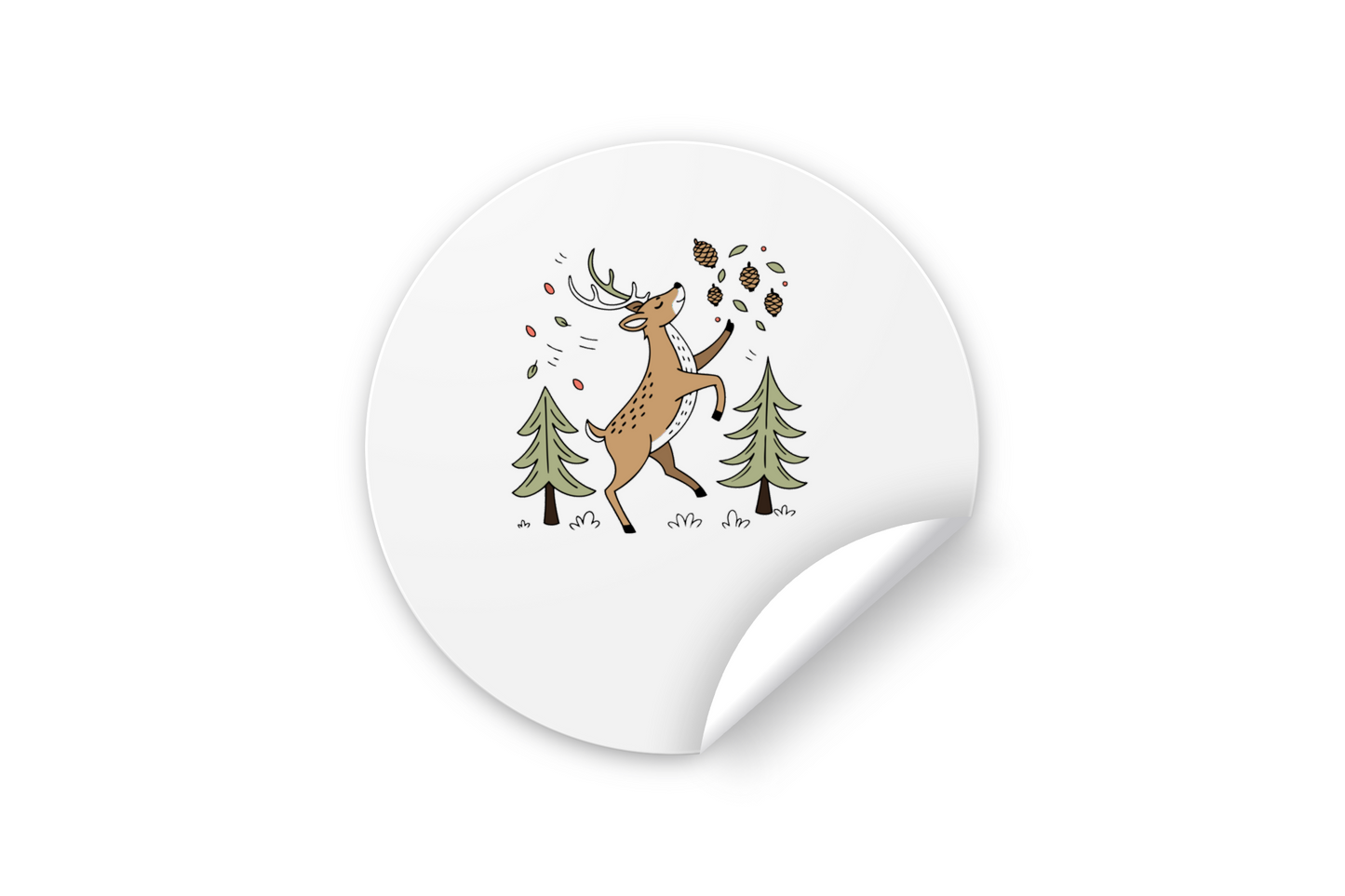 Sticker festif avec cerf dansant et pommes de pin sur fond de forêt vibrant
