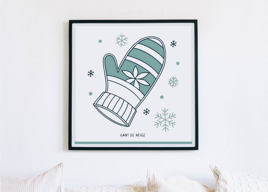 Cadre avec un gant blanc stylisé évoquant la magie de l'hiver en design minimaliste