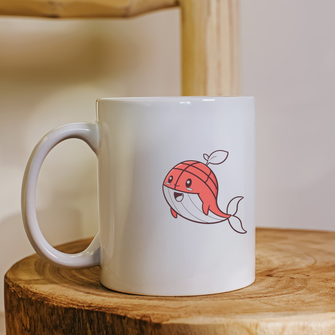 Mug avec baleine joyeuse style kawaii dans un océan coloré