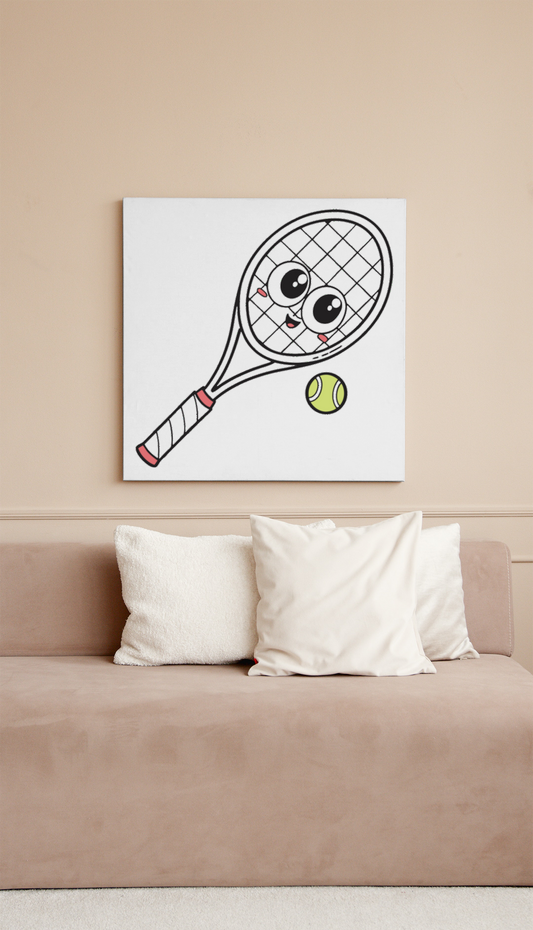 Cadre amusant avec raquette souriante et balle stylisée