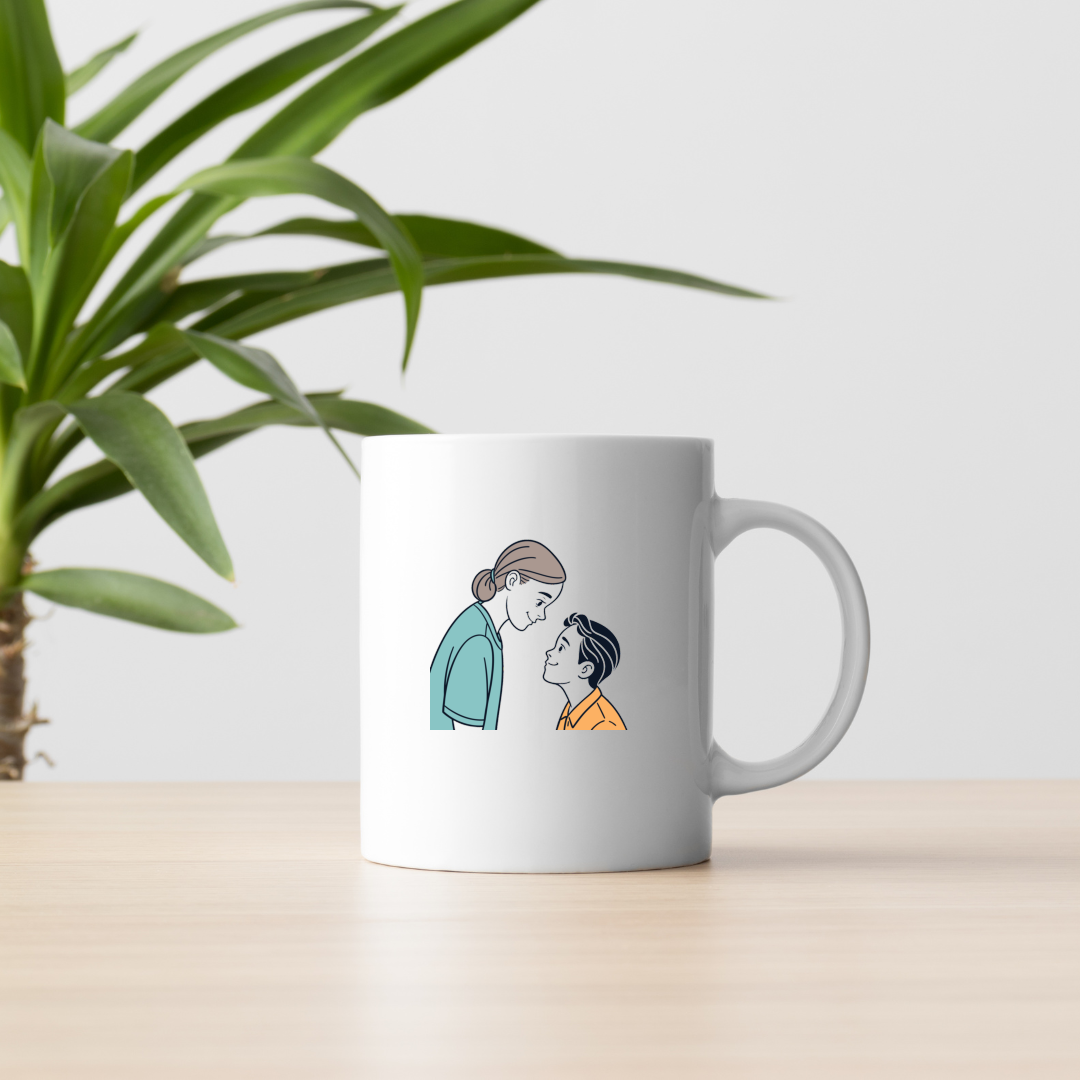 Mug avec icône minimaliste représentant un échange tendre mère et enfant