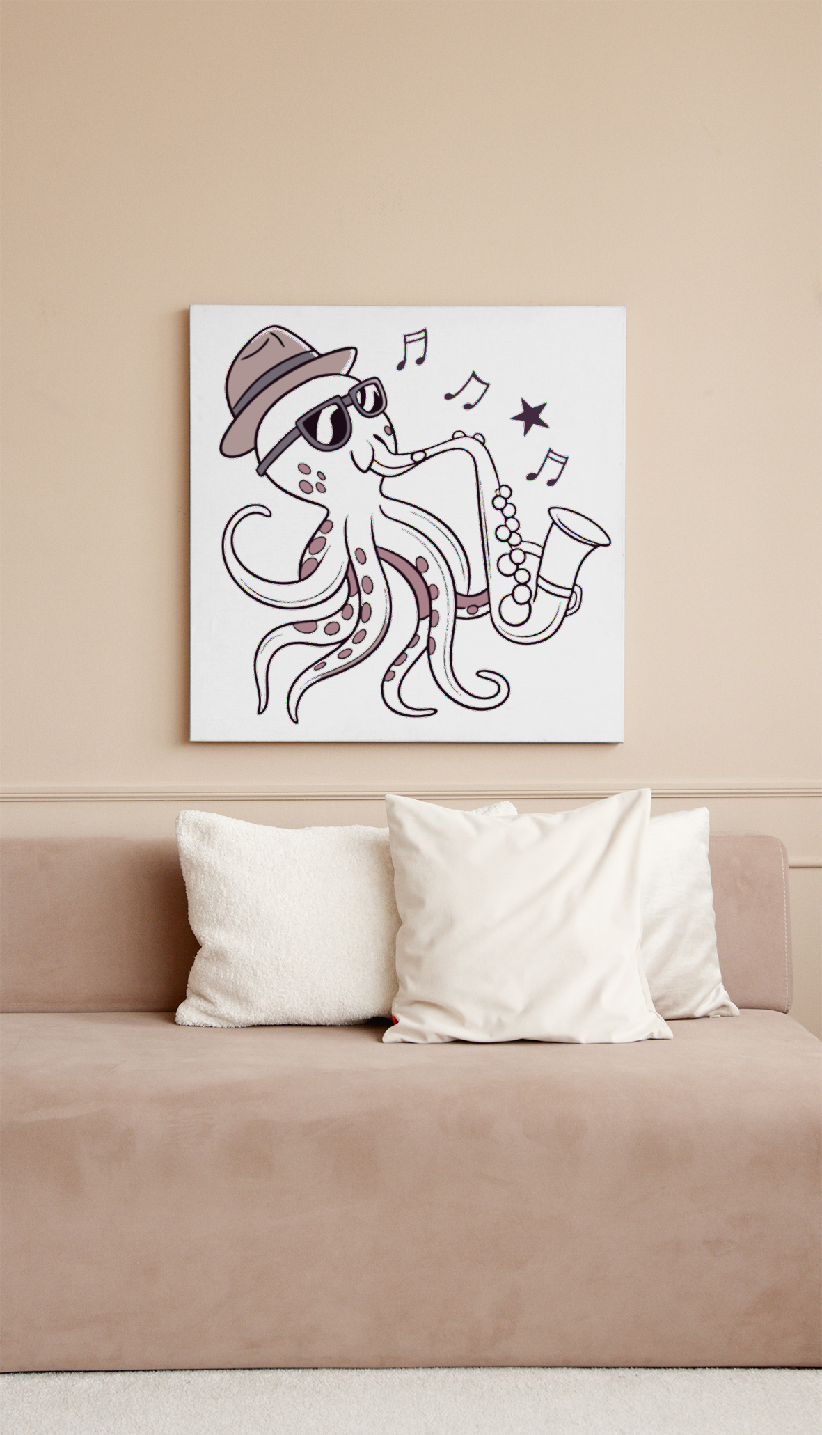 Cadre décoratif kawaii avec un poulpe jazzy jouant du saxophone ambiance marine