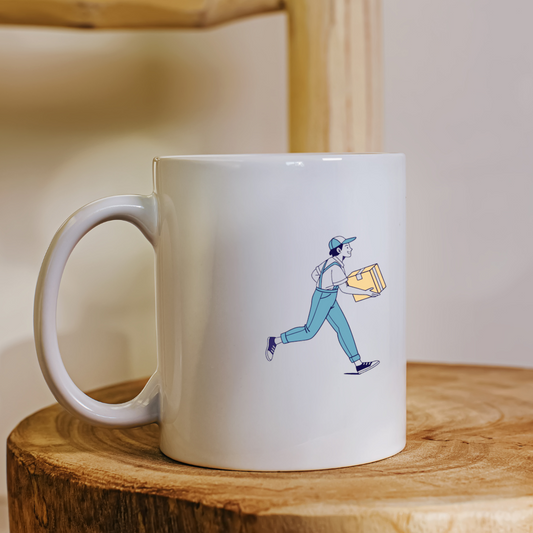Illustration dynamique de livreur sur mug, Livreur portant un colis, style moderne, Design de livreur pour stickers et affiches, Vectoriel de livreur sur tee-shirt, Illustration de livreur pour décoration murale