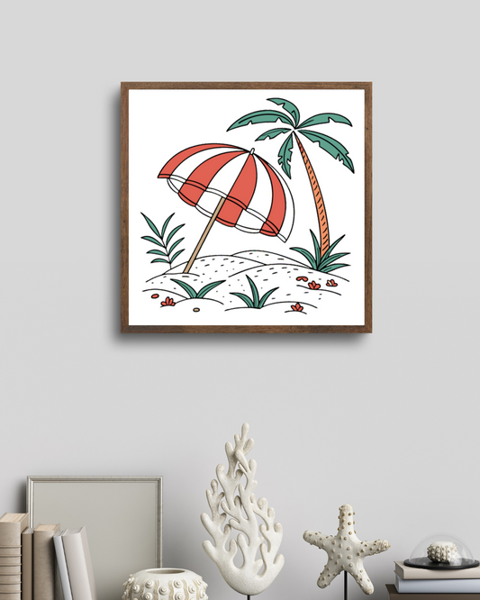 Cadre estival avec parasol vintage sur plage