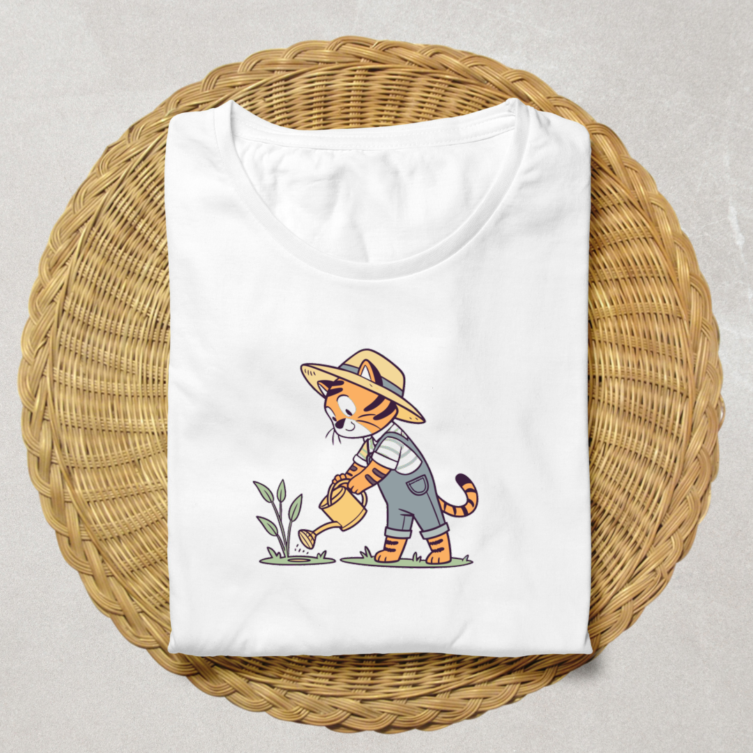 T-shirt avec un adorable tigre jardinier arrosant dans un style nature doux et charmant