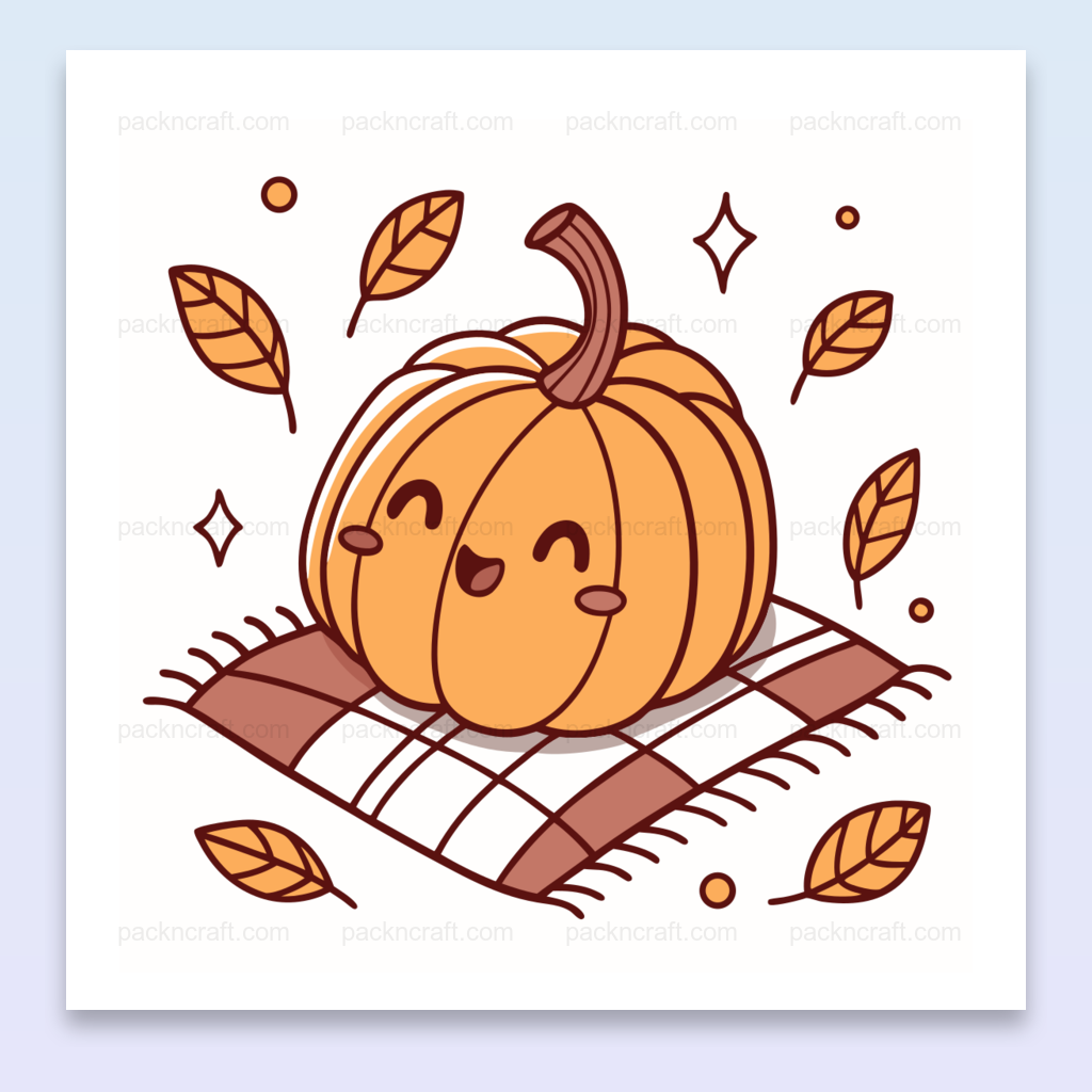 Illustration kawaii d'une citrouille heureuse en automne, idéale pour projets DIY.
