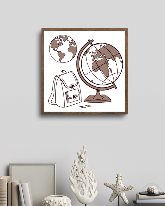 Cadre avec dessin linéaire inspirant un globe terrestre et un cartable éducatif