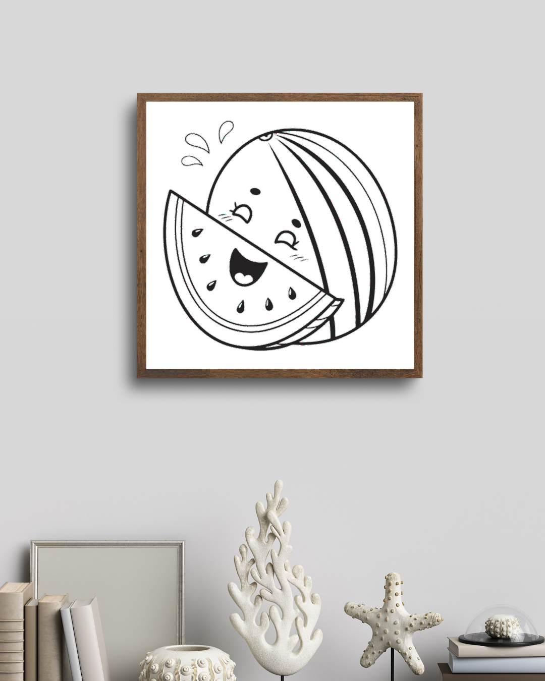 Cadre décoratif avec pastèque kawaii souriante couleurs éclatantes parfait pour l'été