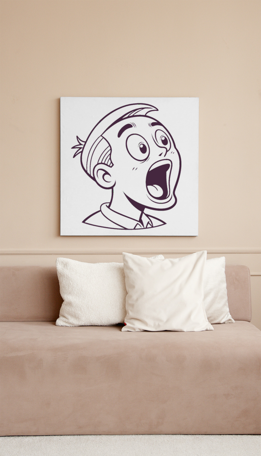 Cadre avec icône numérique minimaliste représentant un garçon surpris sur fond blanc