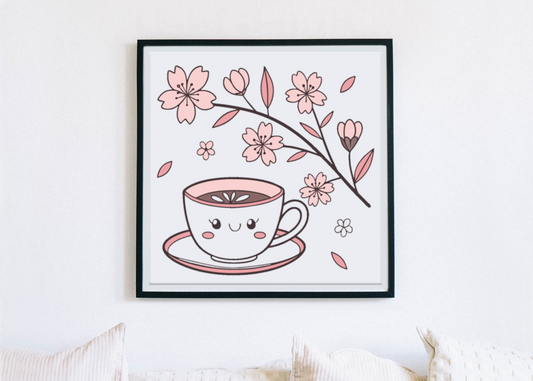 Cadre élégant avec dessin pastel de tasse souriante et motif sakura printanier