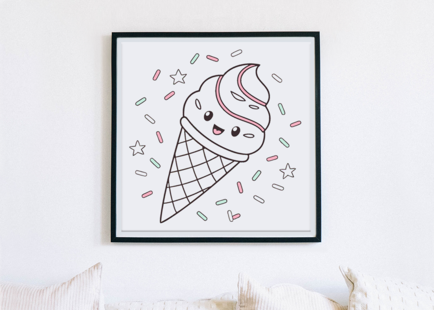 Cadre décoratif avec illustration de glace kawaii pour chambre d'enfant.