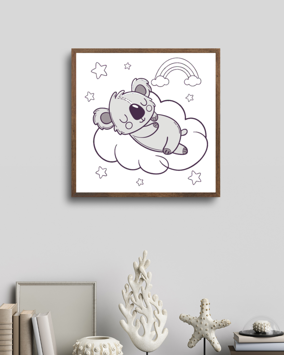 Cadre décoratif minimaliste avec koala rêveur sur nuage et étoiles