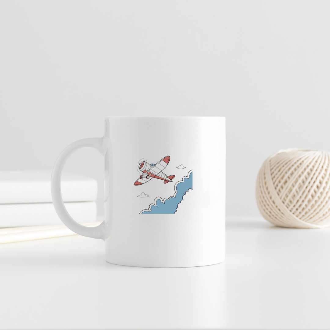 Mug moderne avec icône d'avion en vol vectorielle pour une touche aventureuse
