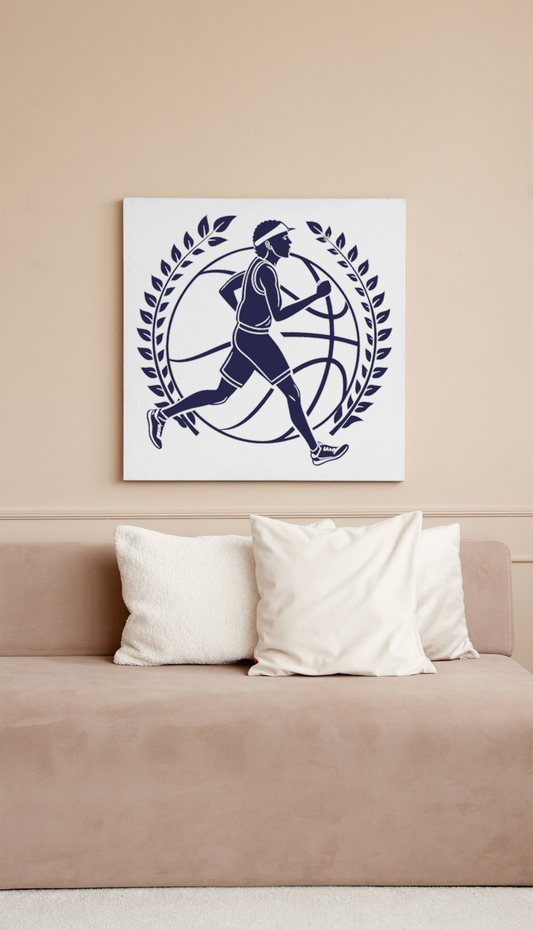 Cadre moderne avec joueur de basketball en mouvement et plante stylisée en fond