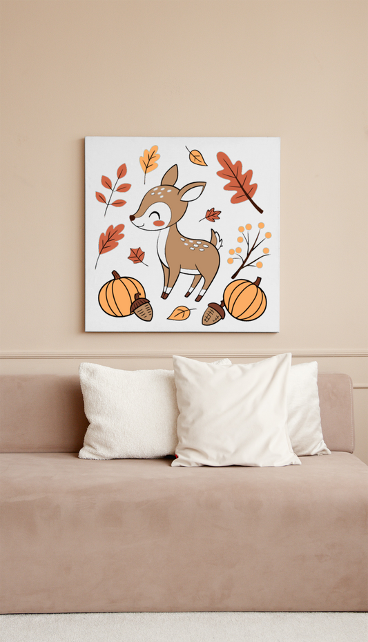 Cadre représentant un faon charmant sur fond automnal avec style doodle naturel