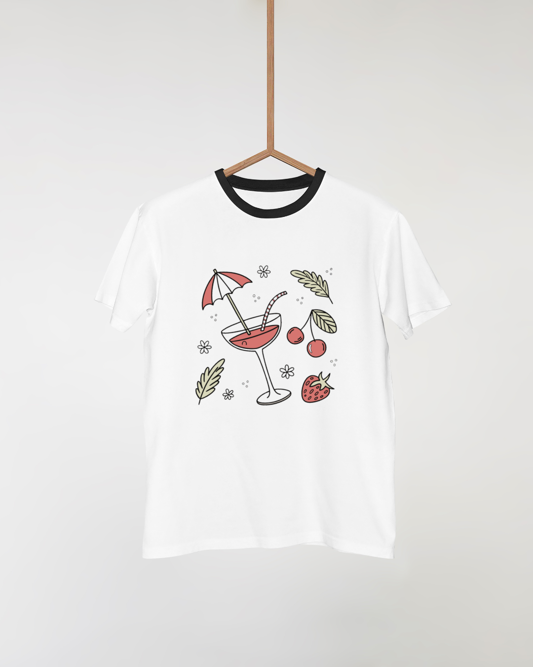 T-shirt estival avec icône de cocktail pastel joyeusement affichée sur fond ensoleillé