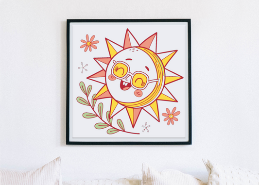 Cadre moderne avec un doodle estival représentant un soleil souriant avec lunettes