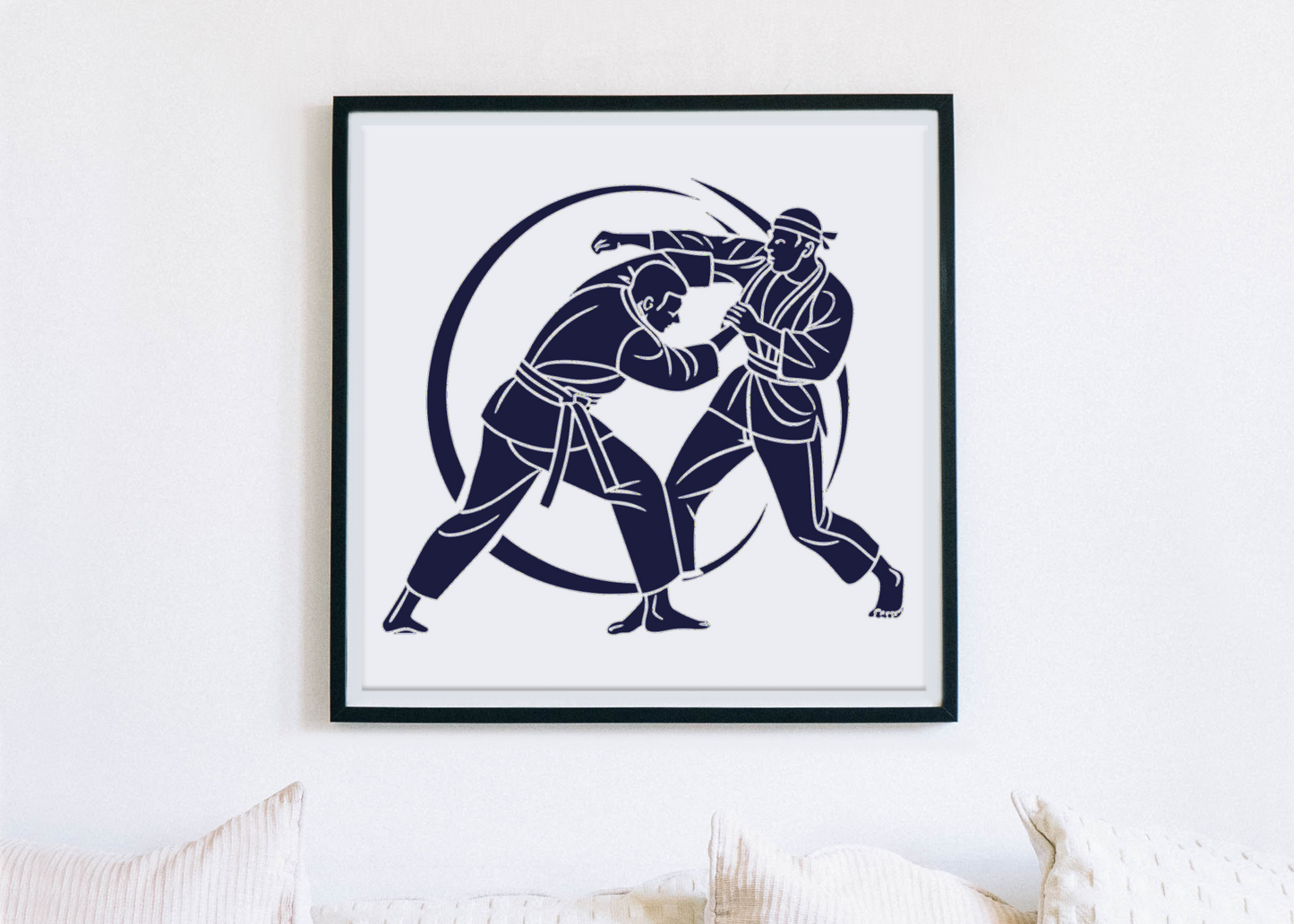 Cadre décoratif présentant des karatekas en plein mouvement dynamique et sportif