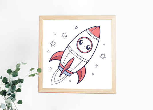 Cadre avec icône de fusée souriante pour les fans d'exploration spatiale