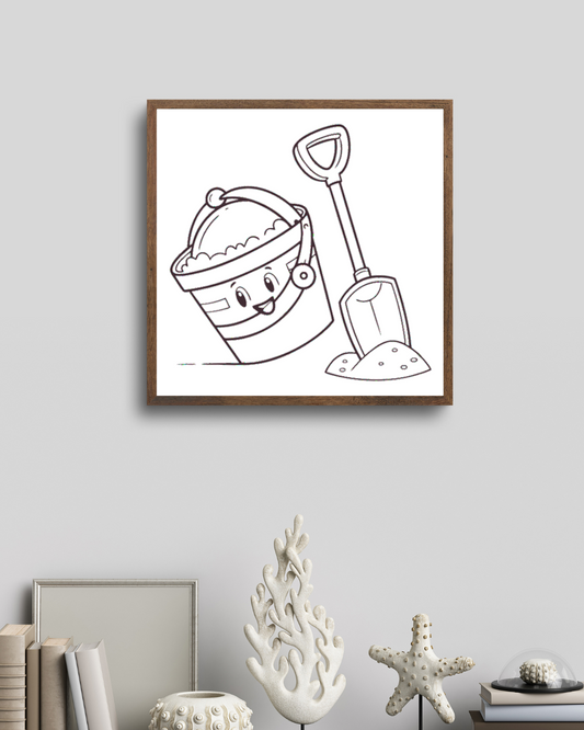 Cadre vibrant avec seau joyeux et pelle animés, idéal pour thème plage ludique